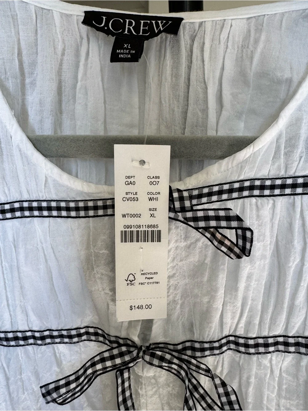 NWT J Crew Tie-front top with gingham details